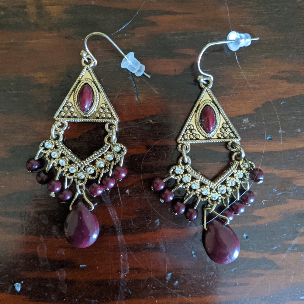 Gold / burgundy Indian dangle earrings